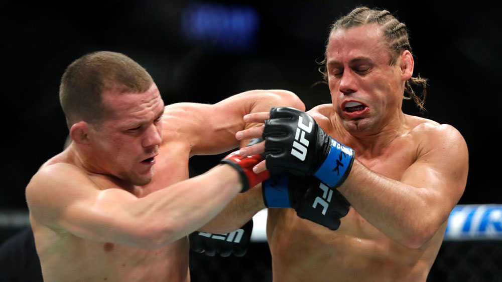 Petr Yan Lands Elbow On Urijah Faber During Their Fight.